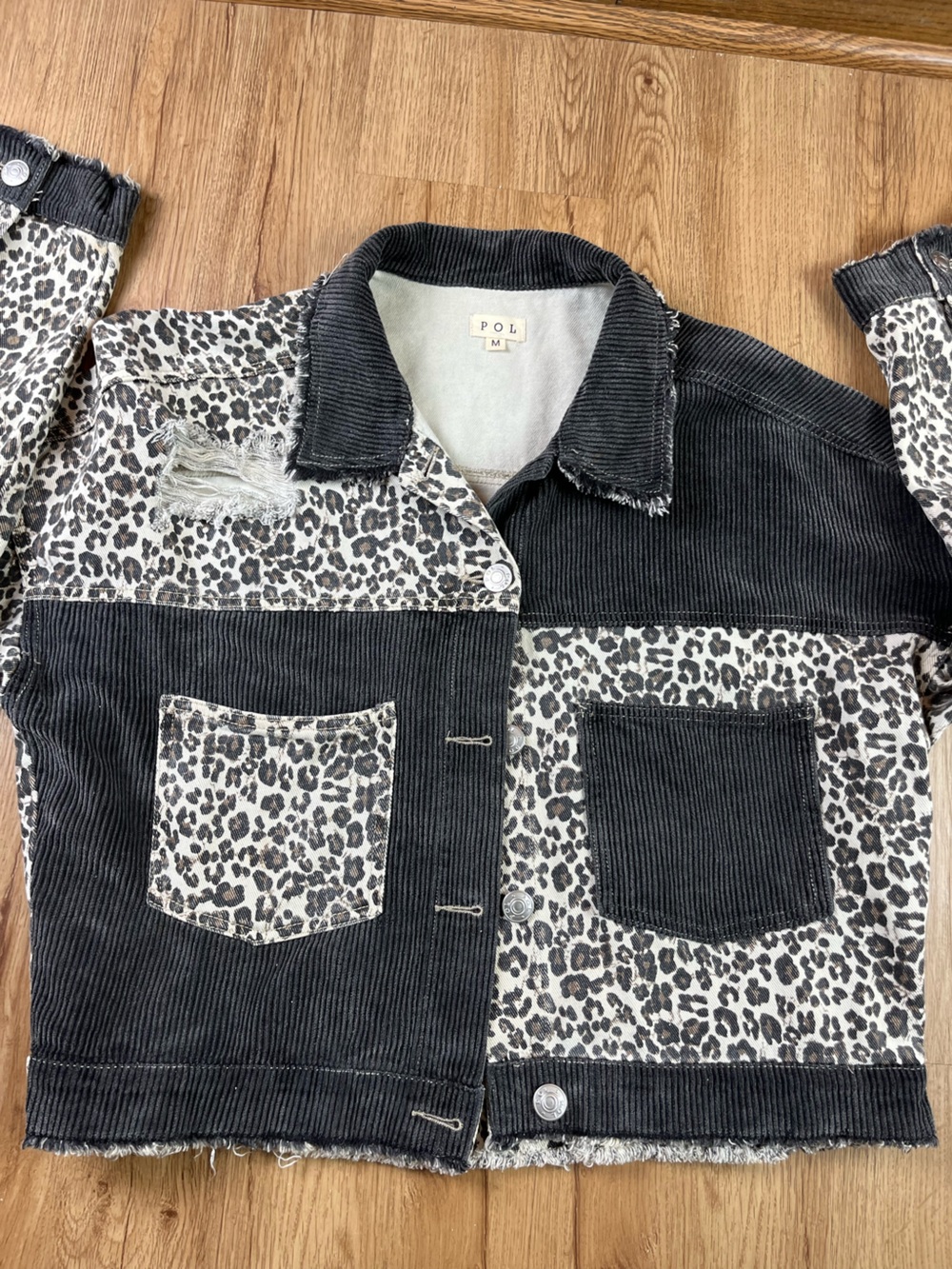 POL Leopard Patchwork Corduroy Distressed Cropped Jacket M